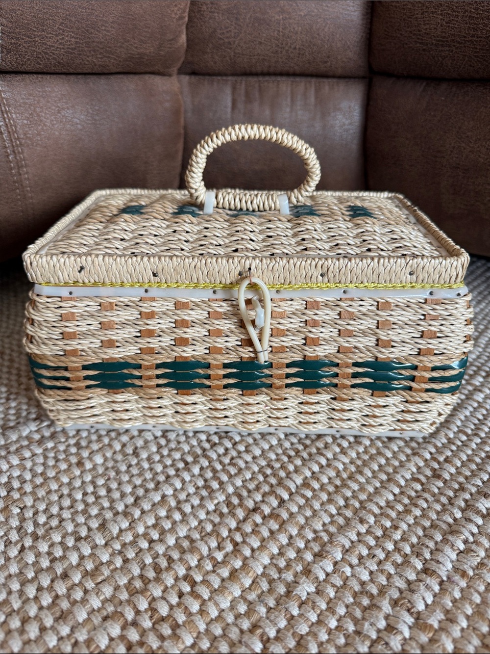 Vintage 70's Singer Woven Wicker Sewing Basket Green Trim Yellow Satin Lined